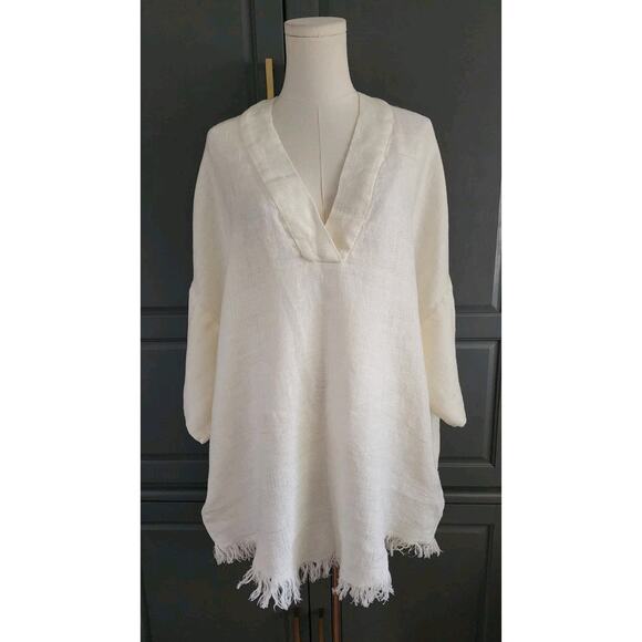 IRO 'Emerald' V-Neck Linen Mini Euro Caftan Dress Ecru w/Fringe Hem Sz 34/small - Picture 3 of 9